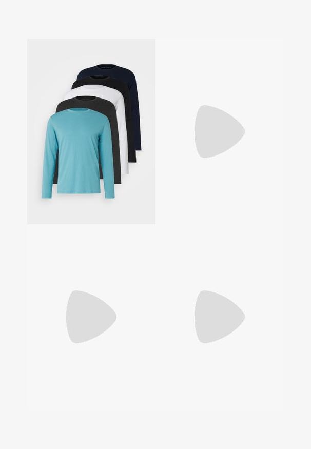 Cinco tricouri cu mânecă lungă într-o linie: turcoaz, negru, alb, gri închis și albastru marin. Material moale cu design guler rotund și croială standard.; Jeans din denim de culoare albastru deschis, cu croi drept, având buzunare mari în față și cusături contrastante. Materialul are o textură estompată și moale.; Mocasini din piele neagră cu un accent ciufulit, având o talpă groasă neagră și cusături galbene pe margine. Finisaj texturat.; Colier din metal argintiu în trei straturi, cu lanțuri elegante și flexibile, cu un ușor luciu, asigurat cu un închizător de tip homar și un lanț ajustabil.