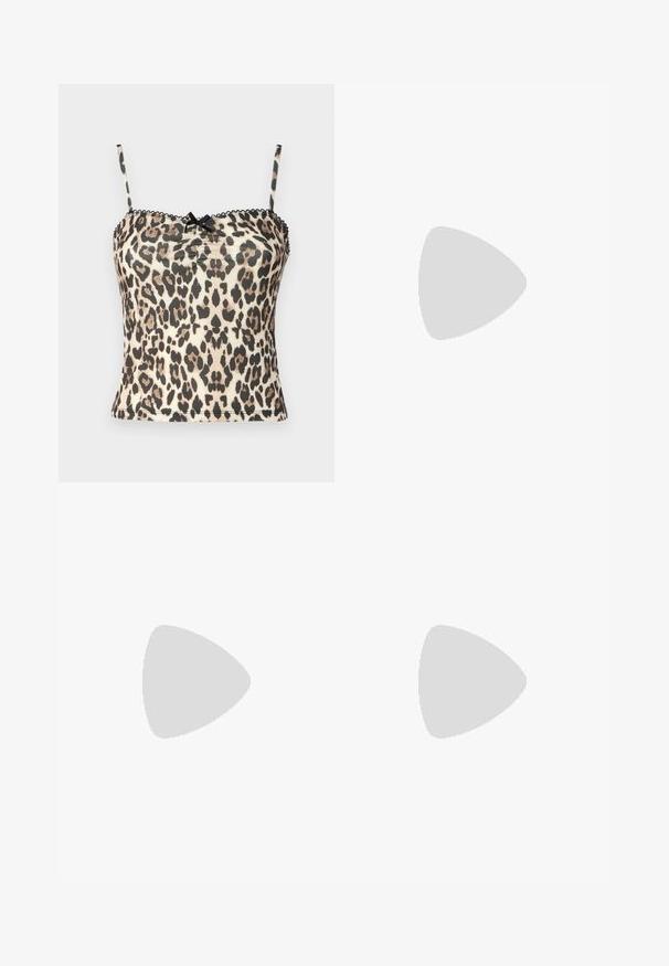 Leopard print camisole with thin black straps, textured fabric, and a gathered center detail. Features a black bow accent at the neckline.; Blue and white striped trousers made of lightweight fabric, featuring an elastic waistband with a drawstring and straight-leg design.; Brown and burgundy sneaker with suede and mesh materials, featuring three cream stripes, textured fabric on the tongue, and a rubber sole.; Black ribbed short-sleeve top with button detail, paired with a black high-waisted skirt and shiny burgundy platform shoes. Black handbag included.