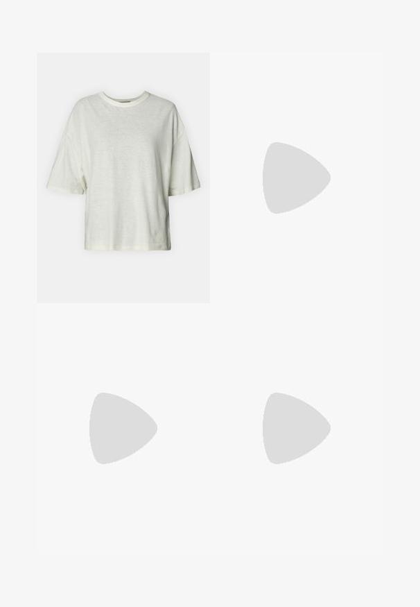 DRYKORN LILANI - T-shirts - beige; Ullblanding, lette grå bukser med fiskebensmønster og rett passform, har linning og beltehemper, uten synlige lommer.; Spiss tå slingback hæl i mørkebrun skinn med en glatt tekstur, med en smal stropp og en medium høy stilett hæl.; Svart lærveske med en samlet toppdesign, som har to korte håndtak og en lang justerbar stropp. Glatt tekstur, rund form.