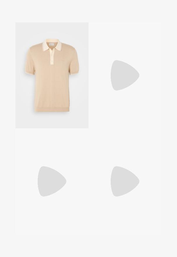 Light beige polo shirt made from soft knit material. Features a contrasting collar and two-button placket. Subtle branding on the chest.; White long-sleeve shirt made of cotton, featuring a button-down collar, a single chest pocket, and a small navy logo on the left side.; Light cream, casual pants made of soft fabric. Features an elastic waistband with a drawstring, and tapered leg design.; Brown suede loafers with a rounded toe, featuring decorative stitching, an elastic band across the instep, and a flat rubber sole.