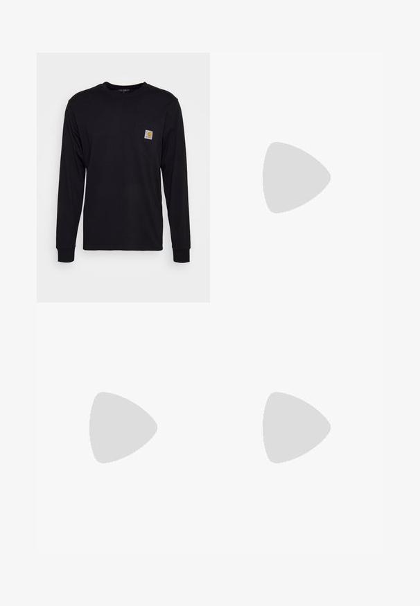 Melnas garās piedurknes krekls no kokvilnas. Ar krūšu kabatu, kurai ir kvadrāta pelēks uzlīme un oranžs logo. Vienkāršs, vienkrāsains dizains.; Sarkani sporta bikses, kas izgatavotas no viegla auduma, ar elastīgu jostasvietu, divām baltām sānu svītrām un mazu logotipu uz gurniem.; Brūni un zili rūtaini platās kājas bikses, kas savienotas ar baltām kurpēm ar melniem akcentiem un teksturētām zolēm, uz zaļa fona.; Melnas plecu soma ar mīkstu tekstūru, apaļu formu un plašu siksnu, ar uzspiestu logotipu priekšpusē.