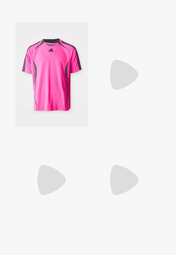 Rosa polyester sportströja med korta ärmar, med svarta axelstrimlor och sidodetaljer, samt en Adidas-logotyp på bröstet.; Svarta sportbyxor i slät tyg, med en avslappnad passform och rosa sidodetaljer, samt resårmidja för komfort.; Turkos atletisk sko med rosa accenter, med en slät textilöverdel, en mockapåle och en räfflad gummisula.; Silver och färgglada pärlhalsband i lager på en vanlig grå skjorta. Halsbanden har en stjärnformad hänge och olika strukturerade pärlor.