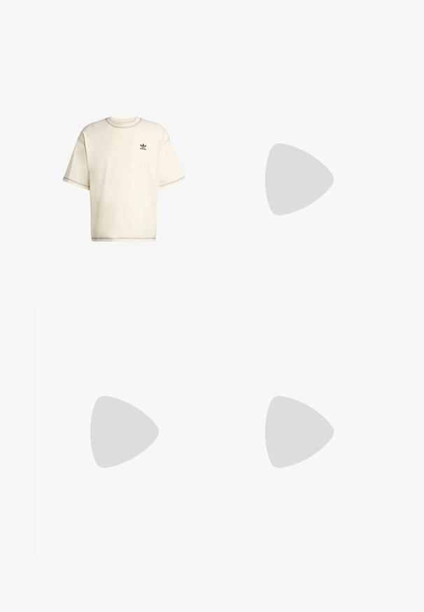 Cream-colored oversized t-shirt made of cotton, features short sleeves, crew neckline, and black Adidas logo on the left chest.; Red mesh shorts with a textured pattern, white accents, and a drawstring waist. Features side pockets and a logo on the left leg.; Brown and cream sneaker with a mesh upper, textured overlays, and a rounded, thick white sole. Features a low-profile tongue and laces.; White mesh shoulder bag with a soft, hobo shape. Features two straps and printed text on the front in a contrasting color.