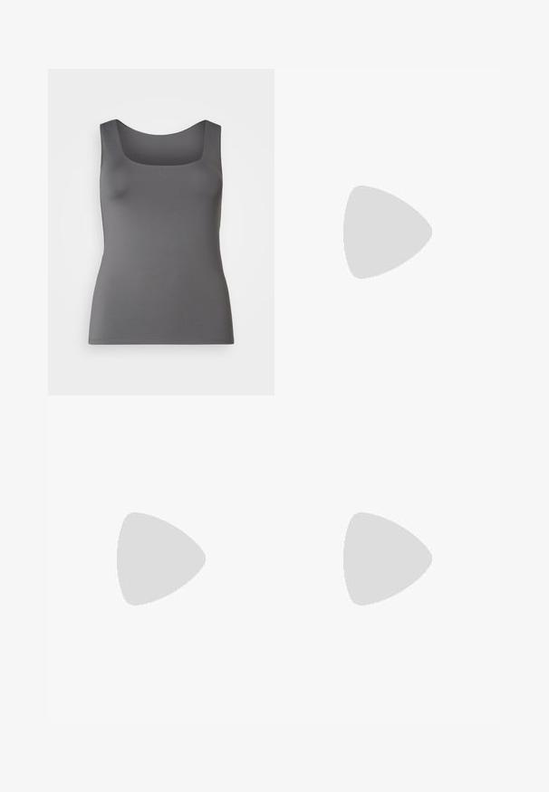 Gray tank top with a square neckline. Made of smooth fabric, featuring a close-fitting silhouette and wide shoulder straps.; Vero Moda Curve VMRYLEE - Straight leg jeans - medium blue denim; Black slingback shoe featuring a pointed toe, smooth material, silver eyelet accents, and a buckle strap. Flat sole with minimal tread.; Silver hoop earrings with a smooth, polished finish. Round shape and secure click-top closure. Lightweight design suitable for everyday wear.