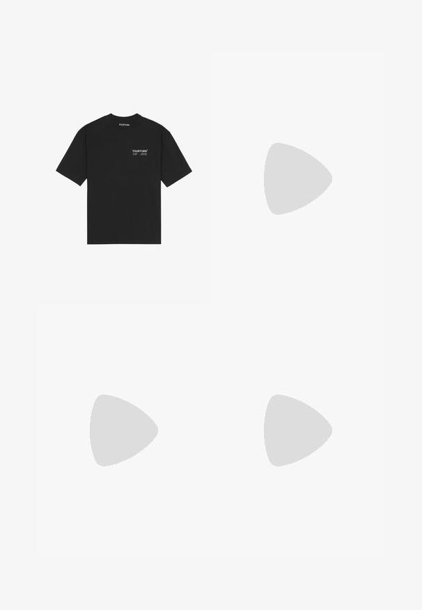 Black cotton t-shirt featuring a crew neck, short sleeves, and a white printed logo on the chest. Simple design with a relaxed fit.; Matinique MABARTON - Trousers - broken whites; Pier One by Zalando LEATHER UNISEX - Slippers - black; Pier One by Zalando UNISEX - Sunglasses - black