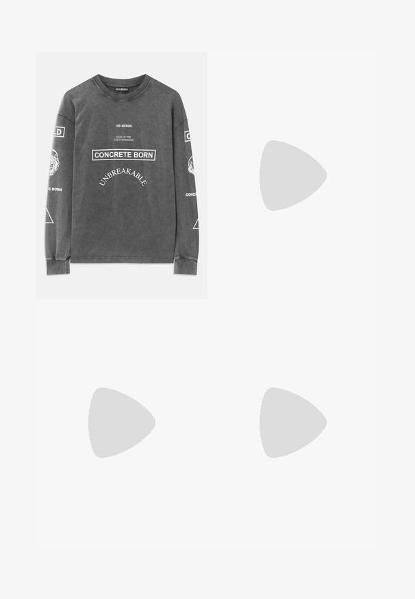 Dark gray long-sleeve shirt with white text "HAN KJØBENHAVN," "KIDS OF THE LOUD KINGDOM," "CONCRETE BORN," and "UNBREAKABLE" on front.; Black flared trousers made of cotton blend fabric, featuring a button closure, belt loops, and a smooth texture with no visible patterns.; Black leather Chelsea boot with elastic side panel, round toe, pull tab at heel, and low stacked sole on plain background.; Blue structured crossbody bag made of textured material, featuring a zip closure, front pocket, and adjustable strap with "EMPOR" branding.