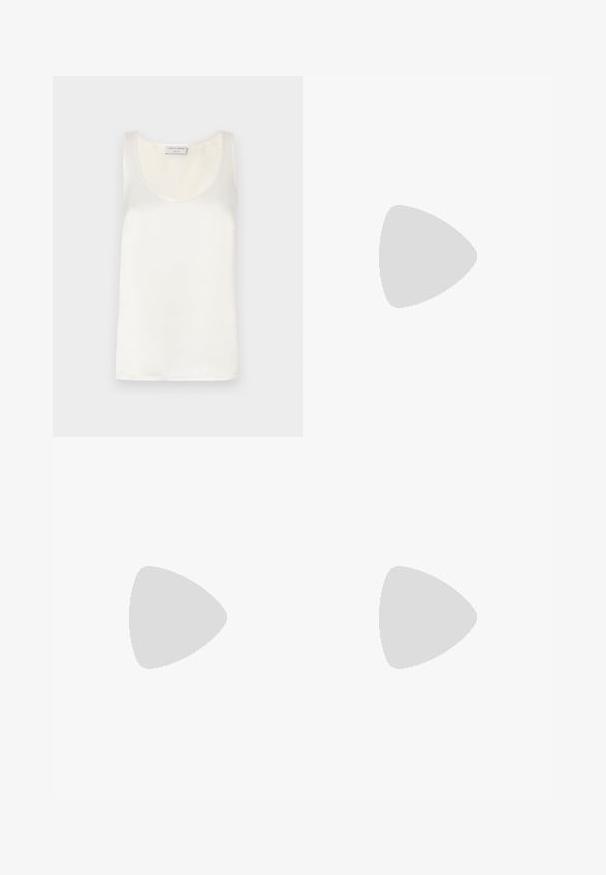 White satin sleeveless tank top featuring a round neckline and smooth texture, with subtle sheen and clean edges.; MM EFFETTO - Trousers - sand; Black leather slingback heel with a pointed toe, minimalist design, thin ankle strap, and a sleek stiletto heel. Smooth texture.; Brown leather bag with a flap closure, gold accent hardware, and an adjustable strap. Features a smooth texture and a sleek rectangular shape.
