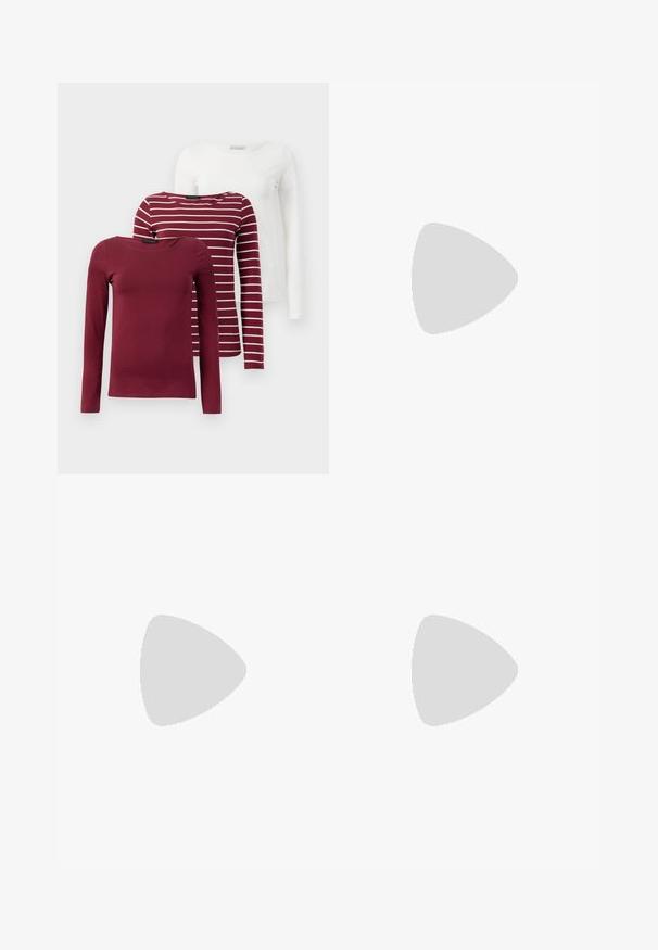 Three long-sleeve t-shirts: one solid burgundy, one burgundy with white stripes, and one solid white. All are made of soft, stretchable fabric.; Lightweight blue and white striped wide-leg trousers with a drawstring waist and elastic band, featuring a soft fabric and relaxed fit.; Brown leather loafers with a glossy finish, featuring a decorative gold buckle on the front and a low block heel. Classic design.; Brown suede hobo bag with a curved, wide handle and a large opening. Soft texture with visible stitching detailing along the edges.
