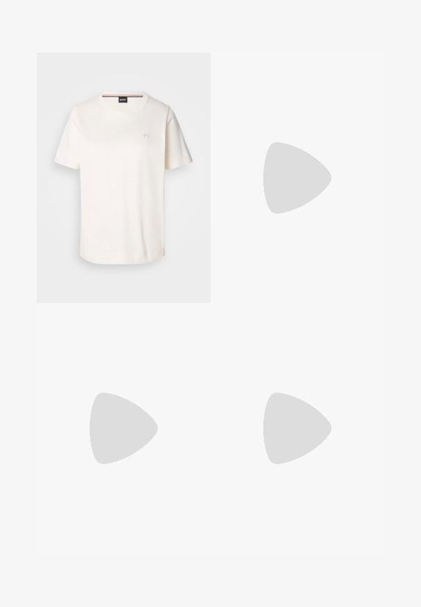 Hvid bomulds t-shirt med korte ærmer, rund halsudskæring og et lille logo på brystet. Glat tekstur og lige nederste kant.; Stribet nederdel i hvid med røde lodrette striber, med elastisk talje, frontknapper og en lige snit, knælængde design.; Beige blokhælede sandaler med tynde remme og en firkantet tå. Glat materiale med minimal detaljering, designet til nem brug.; Sort læderhåndtaske med et buet design, guldfarvet hardware og en øverste håndtag. Har en strømlinet lukning og en glat tekstur.