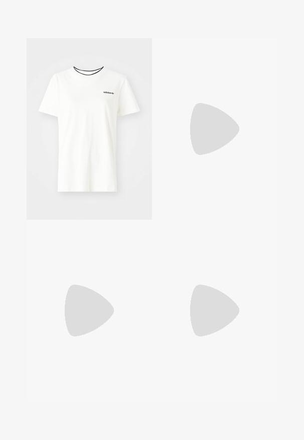 Weißes Baumwoll-T-Shirt mit kurzen Ärmeln und rundem Halsausschnitt. Mit einem schwarzen Adidas-Logo auf der Brust und einem kontrastierenden schwarzen Innenkragen.; Cremfarbene, weit geschnittene Hosen mit einem Zickzackmuster, ausgestattet mit einem schwarzen Logo-Bund und seitlichen schwarzen Streifen. Leichter, strukturierter Stoff.; Beige Plattform-Sandalen mit geflochtenen Riemen und einer Schnalle. Chunky-Sohle mit strukturiertem Finish. Offenes Zehendesign. Leicht und lässig.; Flugzeugbrille mit einem verlaufenden blauen Glase, silbernem Metallrahmen und dekorativen Sternelementen auf dem Glas. Glattes und elegantes Design.