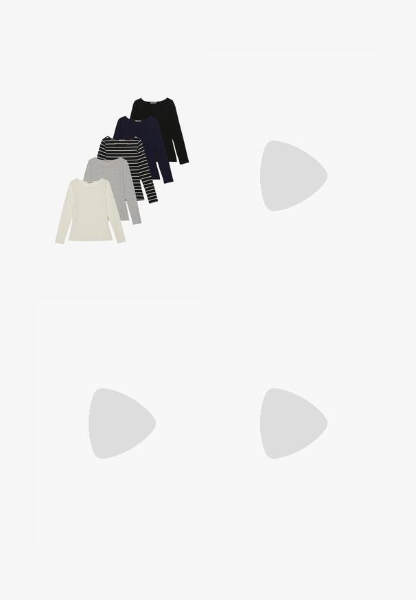 Set di cinque magliette a maniche lunghe: crema, grigio, blu navy, nero e a righe nere. Presenta un colletto rotondo e un tessuto morbido con un design aderente.; Pantaloni grigi chiari con una vestibilità rilassata, caratterizzati da una parte anteriore plissettata, una vita elastica e un design a gamba affusolata. Tessuto liscio senza motivi.; Sneaker piattaforma bianche con texture in pelle liscia, dettagli perforati e lacci piatti; presenta una robusta suola in gomma bianca.; Orecchini a cerchio in argento con un design liscio e curvo. Il metallo è lucido, presenta hardware minimalista e un sottile logo inciso.