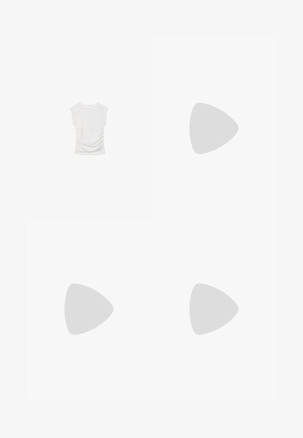 Stradivarius FITTED WITH GATHERING  - T-Shirt basic - white; Weiße weit geschnittene Hose aus leichtem Stoff. Mit einem elastischen Bund und Kordelzug sowie Seitentaschen. Glatte Textur.; Fersenlose Sandale mit einem Obermaterial aus beigem gewebtem Stoff, offener Zehenpartie und geschwungenem Holzmittelsohle. Das Design zeichnet sich durch eine glatte Textur und eine minimalistische Form aus.; Sonnenbrille im Schildpatt-Design mit rechteckigen Gläsern, dicken Rahmen und dunkelgetönten Gläsern. Glatte Textur und minimalistisches Design.