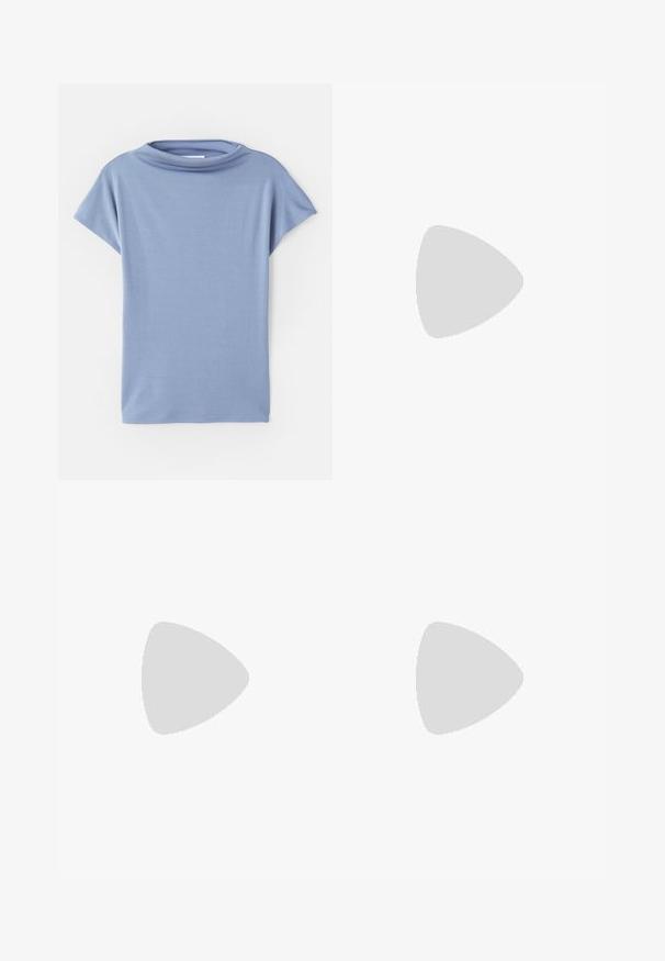 Light blue short-sleeve top made from soft fabric. Features a scoop neck design and a loose fit, with clean hems and no patterns.; White, high-waisted wide-leg jeans made of denim. Features a button closure, two front pockets, and side seams with stitching details.; Brown suede loafer with a round toe, featuring a ribbed platform sole and a decorative strap across the upper.; Brown Love Moschino handbag with double handles, adjustable shoulder strap, and gold-tone hardware on a plain background.