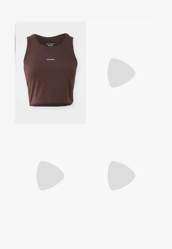 Top de tanque castanho sem mangas, feito de tecido suave, com decote arredondado e detalhes de costura. Logótipo "SALOMON" em branco na frente.; Leggings de cintura alta, ajustados ao corpo, na cor castanho claro. Feitos de um material suave e elástico, com um logotipo branco na coxa esquerda.; Shoe de trail running da Salomon em bege com acentos pretos, apresentando uma parte superior em malha, sistema de cordões rápidos e sola rugged para tração.; Óculos de sol Oakley retangulares brancos com lentes escuras repousando sobre uma superfície branca, logótipo visível de lado.