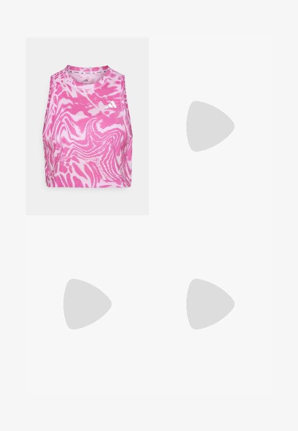 Haut court sans manches rose avec un motif en vagues, fabriqué en tissu doux ; présente un logo blanc brodé à l'avant près de l'encolure.; Shorts de sport blancs avec une taille élastique, fabriqués à partir d'un matériau léger, présentant un petit logo foncé sur la jambe inférieure droite.; Basket de sport présentant un dessus noir avec une partie inférieure texturée blanche, un design épuré et un motif distinctif en vagues dans des tons gris clair.; Sac bandoulière noir en tissu avec fermeture éclair, arborant un logo Adidas blanc et une sangle réglable rayée pour un port facile.