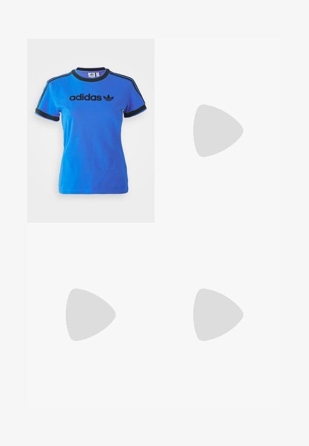 Blue Adidas T-shirt with black accents, featuring a round neckline, short sleeves, and the logo printed across the chest.; Denim skirt, mid-blue color, classic five-pocket design, frayed hem, contrasting stitching, metal button closure, inner liner visible.; White leather sneakers with red stripes and accents. Features a textured gum rubber outsole and padded collar. Worn with light blue denim.; Aviator sunglasses featuring a gradient blue lens, silver metal frame, and decorative star accents on the lens. Smooth and sleek design.