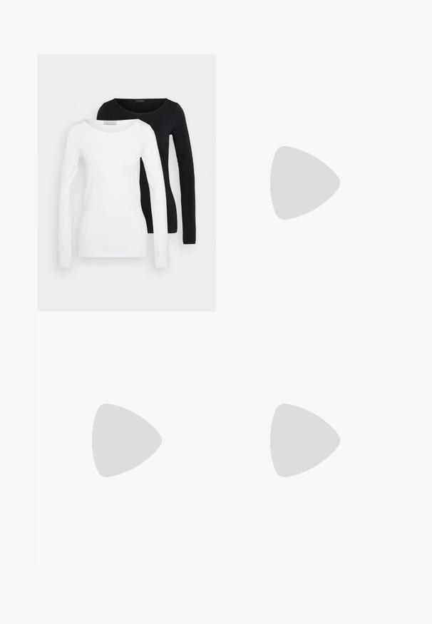 Due bluse a manica lunga da donna, una bianca e una nera, con scollature rotonde, esposte frontalmente su uno sfondo chiaro e uniforme.; Jeans in denim blu chiaro a gamba svasata con vita alta, due tasche frontali e una leggera sfumatura, caratterizzati da cuciture lungo le cuciture per un tocco di dettaglio.; Stivaletti neri alla caviglia realizzati in materiale sintetico opaco, dotati di una cerniera laterale, suola platform spessa con bordi seghettati e cuciture rinforzate.; Borsa a tracolla nera in pelle con una texture liscia. Presenta una tracolla regolabile e un design elegante e minimalista con chiusura a zip.