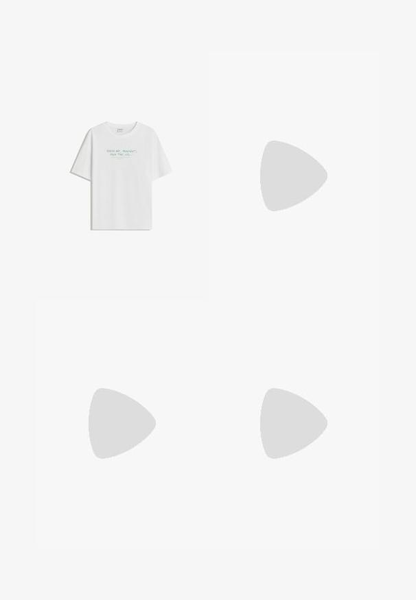 Hvid bomulds t-shirt med en afslappet pasform, rund hals og lysegrøn tekst: "FRISK LUFT, PLAYLIST, FRI TID, osv..." på fronten.; Brune linnedragter med en frontal lynlås, en knaplukning og en stribet inderforing. Inkluderer syninger og tags.; Beige læder loafers med vævet detalje på tåen og en flad brun sål. Har en dekorativ rem tværs over fronten.; Sorte plastik solbriller med en klassisk rektangulær ramme og brune tonede linser. Funktioner inkluderer sølvfarvede detaljer og teksturerede tempel sider.