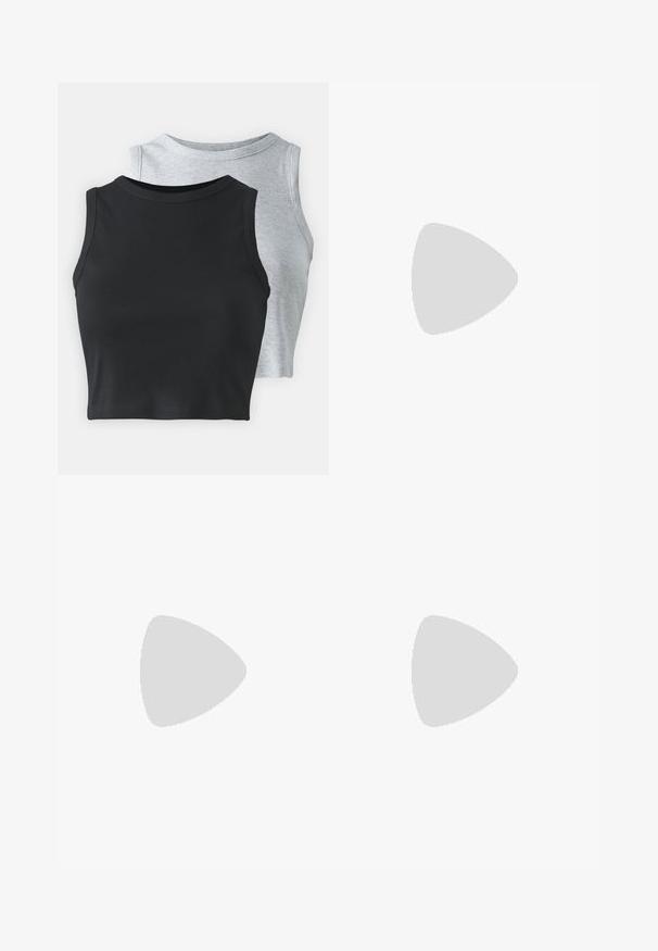 Even&Odd Petite 2 PACK - Top - light grey/black; Črne razširjene jeans hlače iz denima, z gumbom za zapiranje, petimi žepi in gladko teksturo. Klasičen dizajn z razširjenim robom.; Črne usnjene čevlje z zaobljenim nosom, ravnim podplatom in trakcem z zaponko. Debel blokasti petnik za dodatno stabilnost.; Črne velike sončne očala z geometrijskim dizajnom, pravokotnimi lečami in sijočo površino. Brez vidne blagovne znamke spredaj.; Zlate obročaste uhane z gladkim, zaobljenim dizajnom in sijočo končno obdelavo. Lahka konstrukcija z varnim zapiranjem.