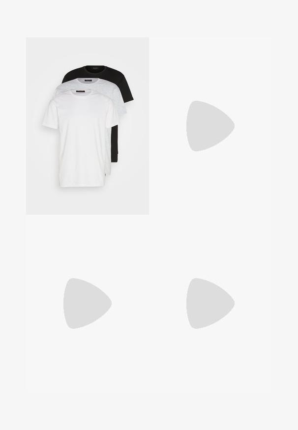 Trois t-shirts à col rond en blanc, gris clair et noir. Fabriqués en coton doux, avec des manches courtes et une coupe décontractée.; Pantalons en coton beige avec fermeture à bouton, texture lisse, jambes fuselées et plis devant. Conçus pour une silhouette ajustée.; Mocassins en cuir noir à bout arrondi, avec un design cousu, une semelle plateforme basse et une semelle en caoutchouc texturée et crantée.; Lunettes de soleil Ray-Ban avec des verres verts, monture en plastique noir et accents dorés sur les bords. Forme carrée avec une finition mate.
