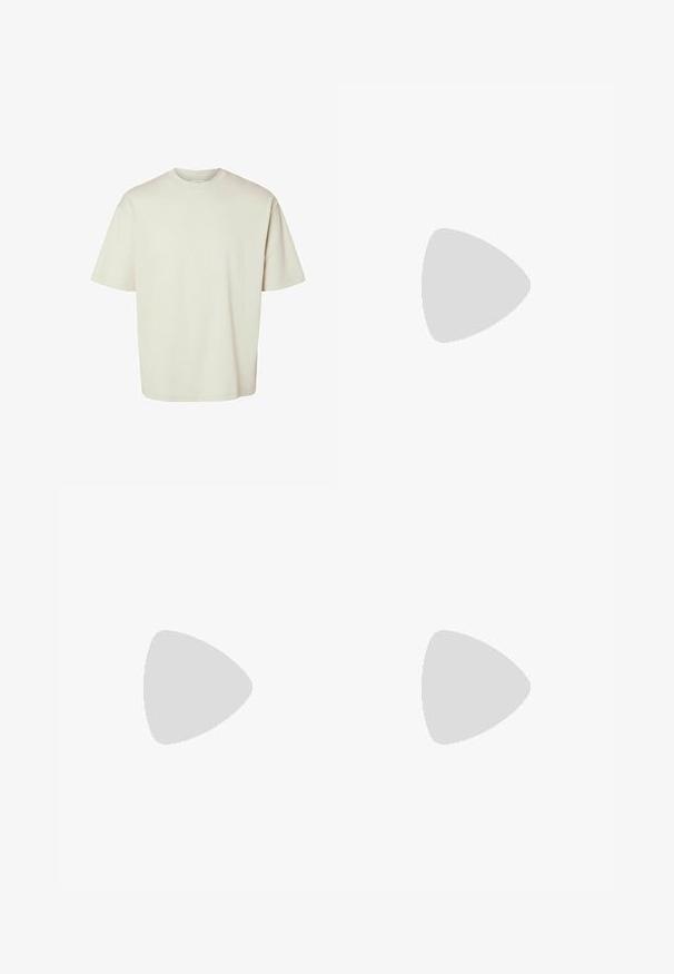 Overdimensjonert t-skjorte med rund hals i lys beige, laget av myk bomull. Korte ermer, avslappet passform og ensfarget design uten mønstre.; Beige cargo shorts laget av lett bomull, med to store sidelommer, knappelukking og beltehemper. Glatt tekstur.; Sorte og hvite sneakers med overdel i semsket skinn og lær, med tre hvite striper, perforert tå og en såle av gummi.; Sorte solbriller med rektangulær form, mørke linser, sølvfargede detaljer ved templene, og en matt finish på rammen.