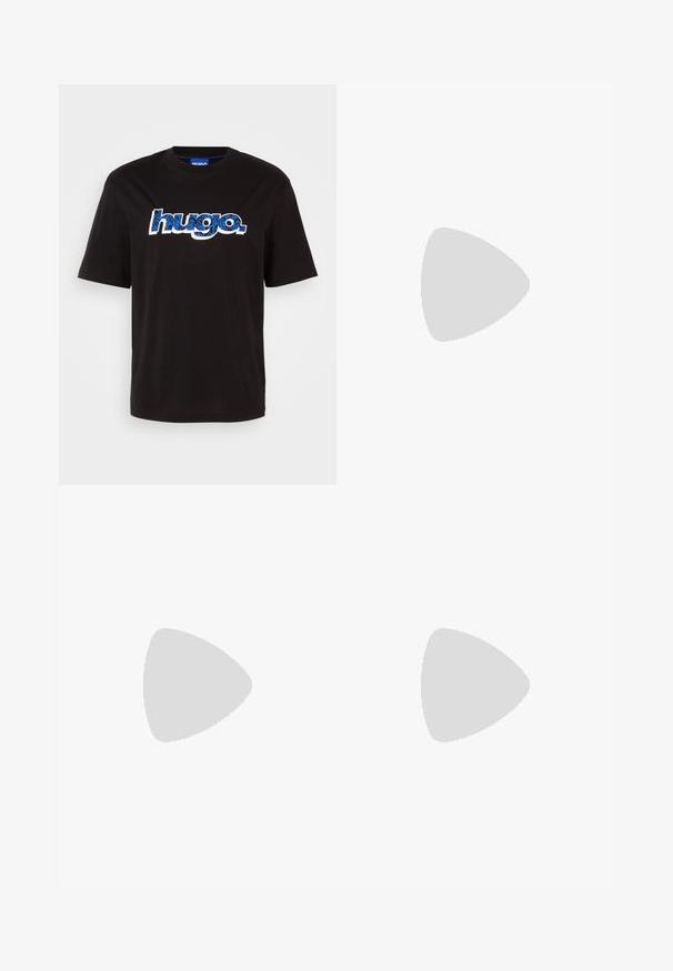 Sort bomulds t-shirt med "hugo." logo i blåt med et mønsterdesign. Korte ærmer og rund halsudskæring.; Lyscremede shorts med elastisk talje, med maroon side striber og en glat tekstur, afsluttet ved benene.; Sorte læder loafers med en tekstureret frontpanel og glatte sider. Har en slank hæl og en bageste løkke til nem påtagning. Klassisk design.; Sorte rektangulære solbriller med gradient brune linser, der har en markant oktagonal stel og røde striber på stængerne.