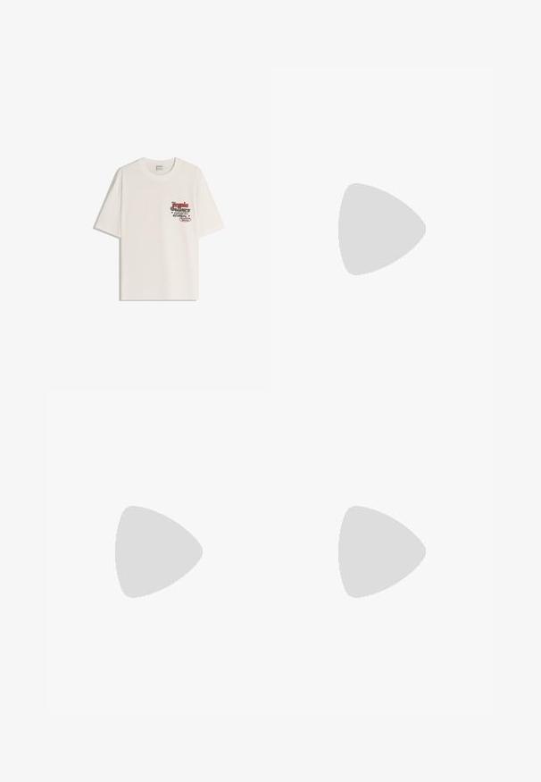 Weiße Baumwoll-T-Shirt mit kurzen Ärmeln und rundem Ausschnitt. Verfügt über einen bedruckten Aufdruck in roten und schwarzen Schriftzügen im Bereich der linken Brust.; Gestreifte Badeshorts aus leichtem Stoff; mit blauen vertikalen Streifen, elastischem Bund mit Kordelzug und Seitentaschen.; Braun und blaue Karohosen mit weitem Bein, kombiniert mit weißen Schuhen mit schwarzen Akzenten und strukturierten Sohlen, vor einem grünen Hintergrund.; Schildpatt-Sonnenbrille mit braunen Gläsern. Schlanker rechteckiger Rahmen, glatte Textur, dezente Markenkennzeichnung an der Seite und gebogene Bügel für zusätzlichen Komfort.