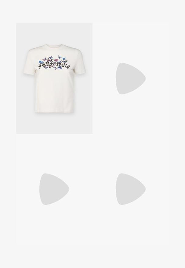 Hvid bomulds t-shirt med korte ærmer, der har et sort trykt "FERRAGNI" logo omgivet af farverige sommerfugledesign.; Mother LIL HUSTLER ROLLER SNEAK - Wide leg - not today satan; Hvide sneakers med metalliske sølv detaljer, glat tekstur, rund tå, flad sål og traditionelt snørebåndsdesign.; Guldtonede studs med et Saturn-design, der har et struktureret bånd og indlagte, cirkulære krystaller for ekstra glans.