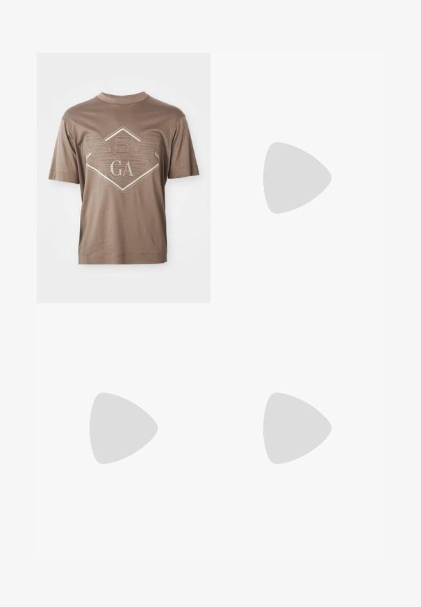 Brown short-sleeve T-shirt with a stitched geometric emblem and "GA" letters centered on the chest.; White cotton trousers with a straight-leg cut, featuring two front pockets and two back pockets, button closure, and minimal stitching details.; Black leather loafers with a smooth texture, rounded toe, and a decorative strap across the vamp. Low stacked heel, minimalist design.; Black rectangular sunglasses with dark lenses, thick plastic frame, gold accents on temples, and brand logo engraved on the arm.