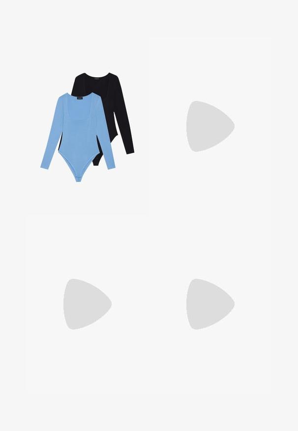 Set of two long-sleeve bodysuits. One in light blue with a square neck and the other in black. Both feature a soft fabric and form-fitting design.; Yogasearcher JAIPUR FLARE PANTS - Tracksuit bottoms - navy; White platform sneakers featuring a smooth leather-like upper, rounded shape, padded collar, and textured rubber sole with defined treads.; Beige handbag made of soft material, featuring a slouchy design, stitched detailing, and two shoulder straps. Suitable for everyday use.