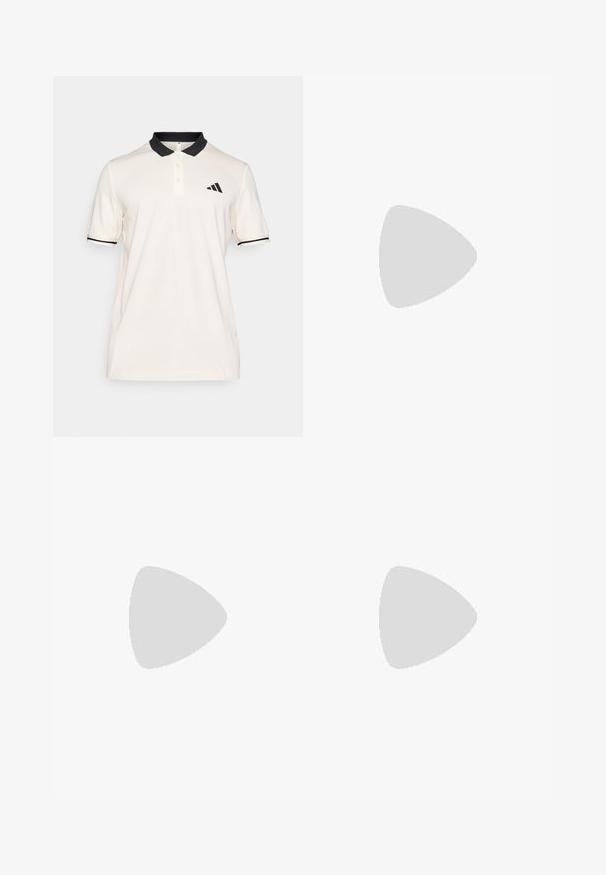 Cream polo shirt with a black collar and striping. Three-button placket. Left chest features a black Adidas logo. Soft fabric texture.; Black athletic shorts made of smooth, stretchy fabric. Features a wide, branded waistband and flatlock seams for comfort and durability.; White athletic shoe with a textured mesh upper, featuring grey stripes and a cushioned sole. Lightweight design suitable for running.; Black sports sunglasses with gray lenses, a curved frame design, and logo detail on the side. Made from lightweight plastic material.