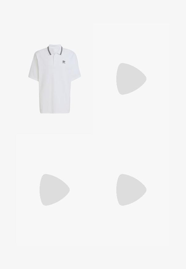 Hvit polo skjorte laget av bomull, med en ribbestrikket krage med svarte striper og en liten svart logo på venstre bryst. Korte ermer.; Brune plisserte shorts med flat front, to sidelommer og knappelukking. Stoffer ser lett ut med en glatt tekstur.; Brun semsket joggesko med beige aksenter, tre hvite striper, gullfarget merking og en teksturert gummisåle. Klassisk lavt snitt.; Hvite solbriller med runde rammer og mørke linser. Har en jevn plastoverflate og liten logo på stangen.