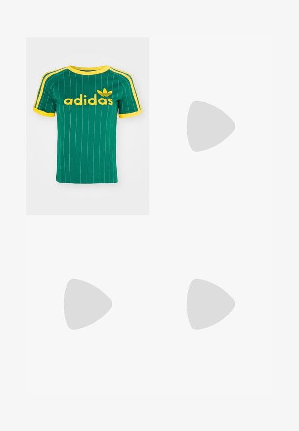 Roheline puuvillane T-särk vertikaalsete valgete triipudega, kollaste detailidega ja „adidas“ logo kollases kirjas. Lühikesed varrukad ja ümmargune kaelus.; Laial jalgevahega teksad tumedast hallist denimist. Omavad viit taskut, nööbi sulgemist ja kangal peent kulumist. Klassikaline õmbluste aktsent.; Must have ümmarguse varbaga mustast nubukist king, kus on nähtavad õmblused ja paelad. Omab madalat vahevoolu kummist tallat, et tagada lisamugavus.; Lilla, ristkülikukujuline prillid, millel on läbipaistev raam, hallid läätsed ja peene bränding okses; sile pind ja minimaalne riistvara.