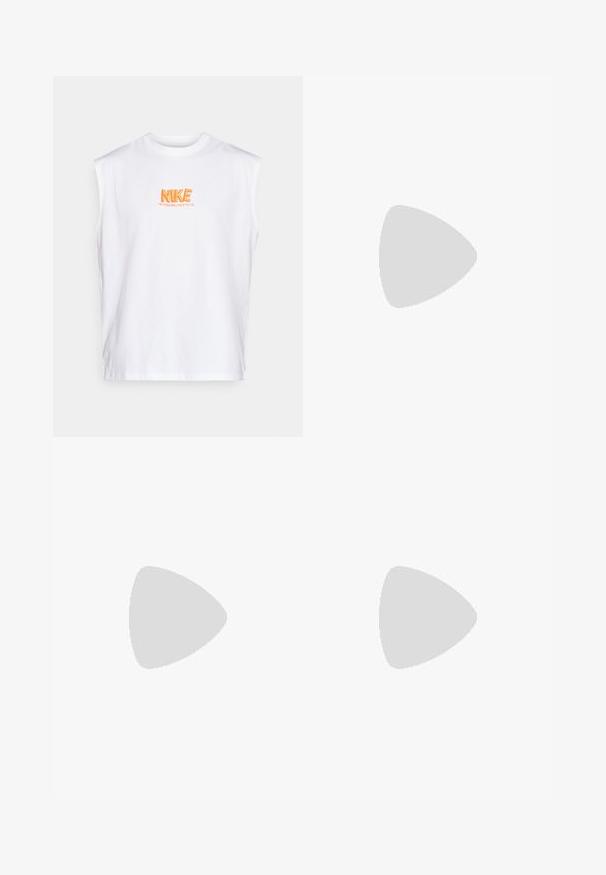 White sleeveless cotton shirt featuring an orange embroidered "NIKE" logo with the text "VICTORY BELONGS TO US" beneath it.; Black athletic shorts with a fitted inner layer, elastic waistband featuring the brand name, and smooth, lightweight fabric.; Black running shoe with a textured knit upper, flat laces, and a thick cushioned sole. Features a loop at the heel for easy wear.; Black smartwatch with a circular face, metallic frame, vibrant geometric display showing time and fitness data, rubber strap, and side buttons.