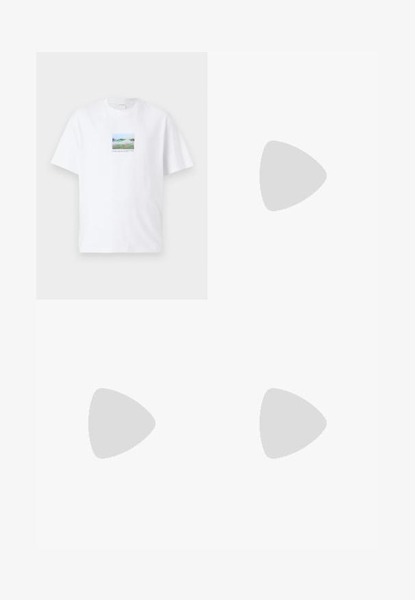 Vit bomull t-shirt med en färgglad landskapsgrafik på framsidan, fyrkantig design, korta ärmar och rundad halsringning.; Vita bomullsbukser med rak klippning, försedda med två framfältsveck, en enkel knappstängning och sidofickor. Slät textur.; Brun läderskor med spetsig tå, som har två justerbara spännen och en stilren låg profil. Platt svart gummisula.; Klart plastsolglasögon med rektangulära bruna linser, med tunna, genomskinliga bågar och metallaccenter på stängerna.