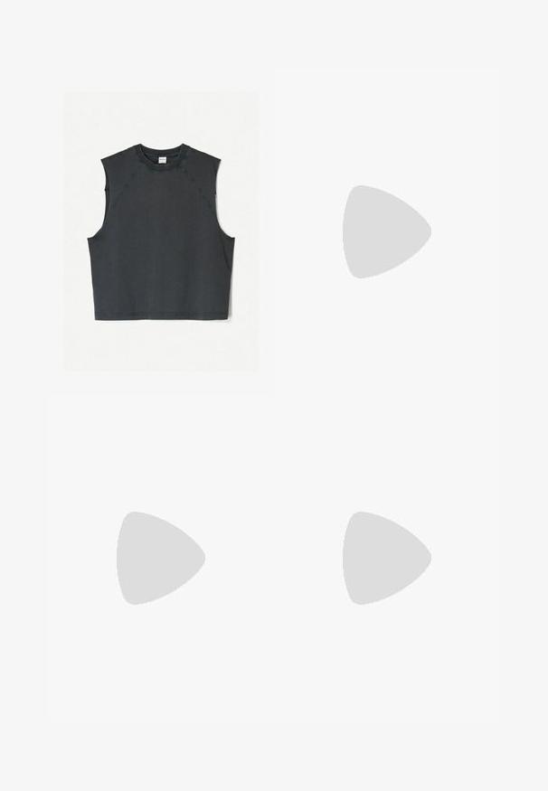 Black sleeveless cropped top made of soft fabric, featuring a round neckline and raglan armholes with visible stitching detail.; Gray athletic shorts featuring a drawstring waist, smooth texture, side pockets, and a black logo accent.; Gray and beige athletic shoe with mesh panels, dotted texture, and silver accents. Features a cushioned sole and lace-up design.; Black rectangular sunglasses with dark lenses, a matte finish, and logo detail on the temple. The design features straight edges and thick frames.