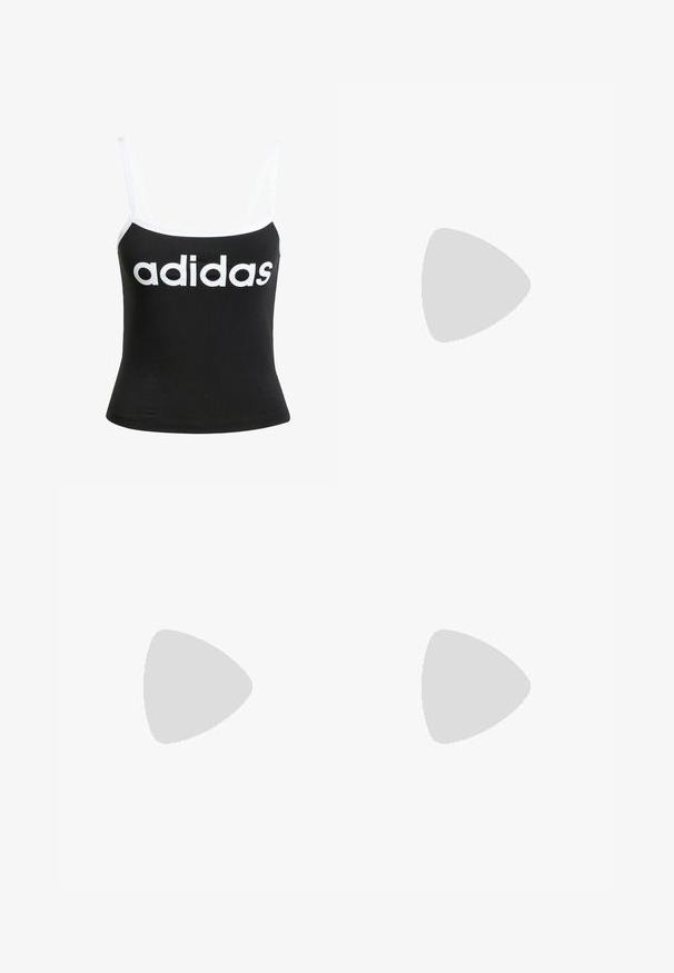 Top negro de tirantes finos, hecho de algodón, con un diseño ajustado y un destacado logo blanco de "adidas" en la parte frontal.; Skort atlético negro con cintura ancha, hecho de tela elástica. Presenta rayas laterales blancas y un acabado liso y sin costuras.; Zapatilla deportiva negra con parte superior texturizada, tres rayas plateadas y una suela de amortiguación distintiva que presenta múltiples secciones integradas.; Bolso cruzado negro hecho de material sintético texturizado. Presenta un diseño de logo en relieve y correa ajustable. Cierre con cremallera.