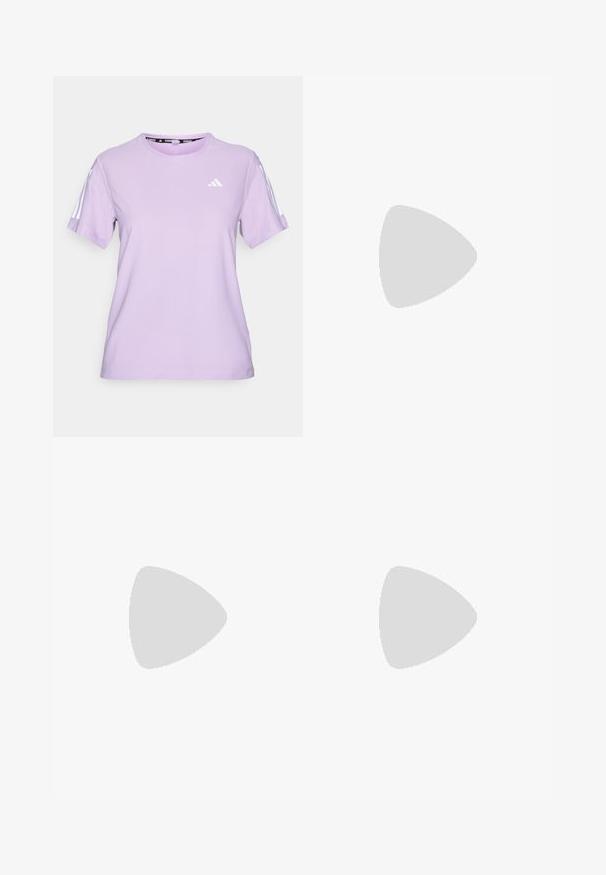 Lilac short-sleeve athletic shirt made of breathable fabric, featuring a round neckline, textured surface, and three white stripes on the shoulders.; Black athletic shorts made of lightweight fabric, featuring an elastic waistband and a white "TERREX" logo on the left hem.; Purple running shoe with breathable mesh upper, prominent "TERREX" logo, white midsole, and black rubber outsole with red accent.; Black athletic headband with a smooth texture, curved shape, and elastic top. Features a small white Adidas logo on the side.