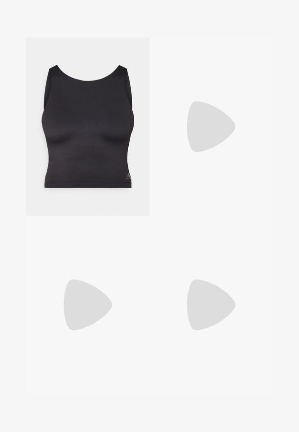 Černý sportovní crop top z hladké elastické tkaniny, s kulatým výstřihem a bezrukávovým designem. Obsahuje jemný detail loga.; ONLY Play ONPANI SEAM  - Punčochy - walnut/black; Černé sportovní boty s bílými pruhy, žlutými akcenty na špičkách a texturovanými svršky. Mají polstrovanou podrážku a černé šněrování.; Černý sportovní potítko s hladkým povrchem, zakřiveným tvarem a elastickou horní částí. Obsahuje malé bílé logo Adidas na boku.