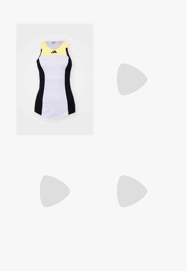 Mouwloos sporttop in het wit met zwarte en gele accenten. Heeft een ronde hals en een aansluitend ontwerp. Gemaakt van soepel, ademend materiaal.; Rode sportieve shorts gemaakt van een gladde stof met een zwart golvend patroon, met een wit Adidas-logo op de tailleband.; Witte sportschoen met zwarte diagonale strepen, bovenwerk van gaas, ronde neus en gestructureerde zool. Accenten zijn onder andere een zilveren hak en een minimalistisch ontwerp.; Sportzonnebril met een zwart plastic montuur, heldere glazen en een rubberen neuspad. Beschikt over een hoekig ontwerp en een gestructureerde tempel voor extra grip.