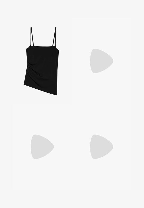 Black, sleeveless top with thin straps; features a draped design on one side and smooth texture; made of stretchy fabric.; Black wide-leg trousers made of a smooth fabric, featuring pleats, a flat front waistband, and no visible pockets or embellishments.; Brown leather loafers with a glossy finish, featuring a decorative gold buckle on the front and a low block heel. Classic design.; Tan leather crossbody bag with a flat rectangular shape, featuring a gold-toned clasp and a long adjustable strap. Smooth texture.