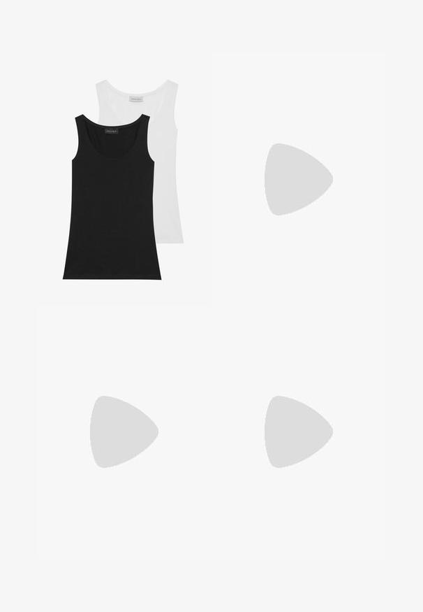 Kaks musta ja valget tanktoppi. Valmistatud pehmest puuvillast, neil on ümar kaelus ja varrukateta disain. Sildid on nähtavad selja taga.; Beige laiad jalgadega cargo püksid, mis on valmistatud kerge kangaga. Omavad elastset vöökohta, paelaga ja küljetaskuid klappidega.; Kohvitan värvi nahast kingad, millel on tekstureeritud pind, ümar varvas ja paksud, soonilised tallad. Kinnised ja õmbluste detailid täiustavad disaini.; Pruuni nahkhiirekott, millega on kaasas kumer ja lai käepide ning suur avaus. Pehme tekstuuriga, mille servadel on nähtavad õmblustähed.