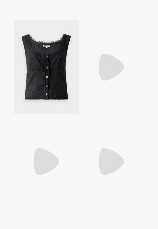 Haut sans manches noir avec broderie florale, décolleté rond, fermeture à boutons et détails en dentelle. Présente un lien à l'avant.; Pantalons à jambes larges en tissu vert olive avec une taille élastique et une texture lisse. Aucuns motifs ni accents visibles.; Paul Smith TOPANGA - Ballerines - black; Sac en paille avec une forme de ventilateur unique, texture tissée beige et anses en cuir noir avec boucles dorées. Bandoulière ajustable pour plus de polyvalence.