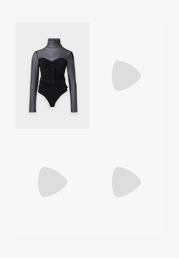 Melnas bodysuit ar caurspīdīgu garo piedurkni. Iezīmēts ar augsto kaklu, ručotu detaļu un priekšējo rāvējslēdzēju. Gluda auduma ar pieguļošu dizainu.; Melnas ādas šorti ar gludu tekstūru, kas piedāvā pieguļošu griezumu, jostas cilpas un diskrētu priekšējo šuvju detaļu.; Melna ādas baleta kurpe ar noapaļotu purngalu, gludu tekstūru, minimālu šuvju detalizāciju un elastīgu zoles dizainu.; Bordo ādas rokas soma ar atloku, zeltītām detaļām, plecu siksnu un gludu virsmu. Kompakta, taisnstūrveida forma.