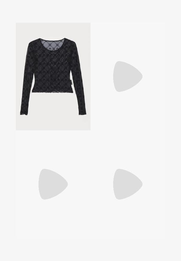 Zwarte lange mouwen top gemaakt van doorschijnende, gestructureerde stof met een verhoogd bloemmotief en een ronde halslijn met een geschulpte zoom.; Zwarte leggings met een herhalend patroon van halve manen in lichtbeige. Gemaakt van rekbare stof met een elastische tailleband.; Mango Teensandalen - black; Zwarte zonnebril met ovale lenzen, glanzend kunststof montuur en slanke armen. Bevat het Ray-Ban-logo in het wit aan de zijkant.