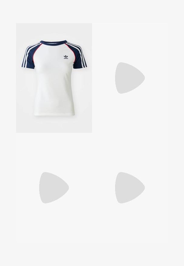 Valge puuvillane T-särk, millel on tumesinised raglani varrukad, kolmes valges riba ja väike must Adidas'i logo rinnal. Punased aktsendid.; Tumedad sinised lühikesed püksid valgete vertikaalsete triipudega, elastse vöökohtadega, külgtaskutega ja väikese valge logoga vasakul küljel. Sile kanga tekstuur.; Valged spordijalanõud kollaste triipudega ja kummi tallaga, valmistatud võrkmaterjalist ja sünteetilisest nahast. Kannatavad valgete lühikeste sokkidega sinisel pinnal.; Aviatori prillid, millel on gradient sinine objektiiv, hõbedane metallraam ja dekoratiivsed staaraktsendid objektiivil. Sujuv ja stiilne disain.