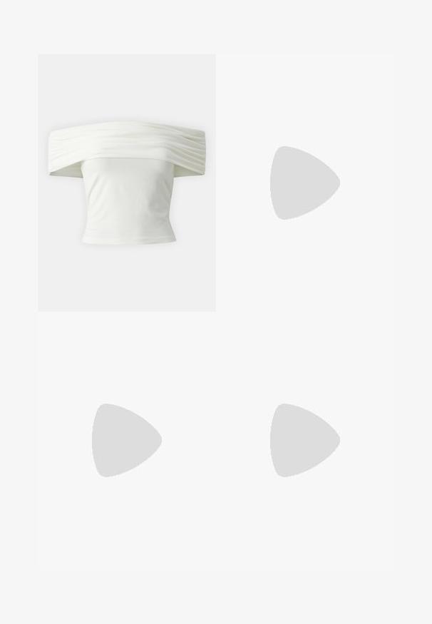 Balta blūze ar atvērtām plecu daļām un plēktām, strukturētām kakla izgriezumiem, kā arī pieguļošu modeli. Izgatavota no mīksta auduma ar gludu tekstūru.; Melni augsta jostas šorti ar pogu un rāvējslēdzēju, priekšējām kabatām un izplestām kājām, nolikti uz balta fona.; Rozā sporta apavi ar gludu un teksturētu materiālu kombināciju. Iezīmes ietver bordo akcentu uz papēža un baltu gumijas zoli.; Melnas ādas rokassoma ar izliekta formu, noņemamu siksnu un zelta aksesuāriem. Somai ir vāciņš ar sprādzes detaļu.