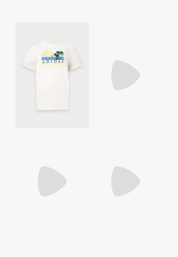 Witte katoenen t-shirt met een grafisch ontwerp van een zon, palmbomen en water. "ADIDAS Sports Club" gedrukt in groen en geel.; Beige, wijde broek gemaakt van zachte stof, met een elastische tailleband met een trekkoord en zijzakken. Zachte textuur, eenvoudig ontwerp.; Crème leren sneaker met drie donkere strepen, een bruine gumrubberen zool en een ronde neus. Voorzien van een opvouwbare tong met het label "SAMBA."; Tortois-shell zonnebril met een cat-eye vorm, bruine lenzen, gouden accenten op het frame en gestructureerde armen met kleine decoratieve studs.