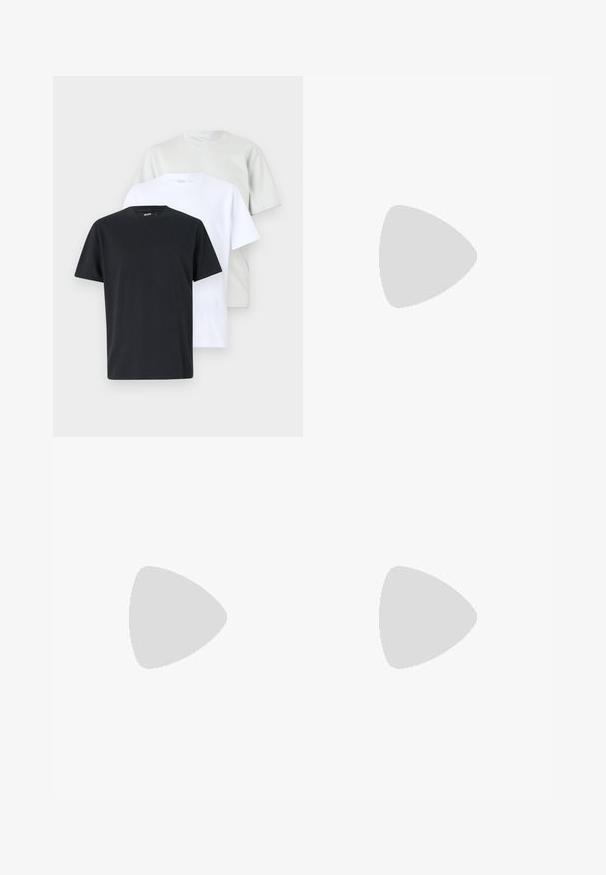 Tre T-shirt a manica corta, in nero, bianco e grigio chiaro, realizzate in cotone con collo rotondo e una vestibilità comoda. Colori uniformi e lisci.; Pantaloni corti grigio scuro realizzati in tessuto testurizzato, dotati di una vita elasticizzata con cordino e tasche laterali.; Nike Sportswear KILLSHOT 2 LTR PRM OPP2 - Sneakers basse - black sail baroque brown mtlc dk grey; Occhiali da sole tondi con tonalità grigia, dotati di una montatura trasparente, lenti scure e aste sottili e eleganti. Indossati da una persona con capelli corti e ricci.