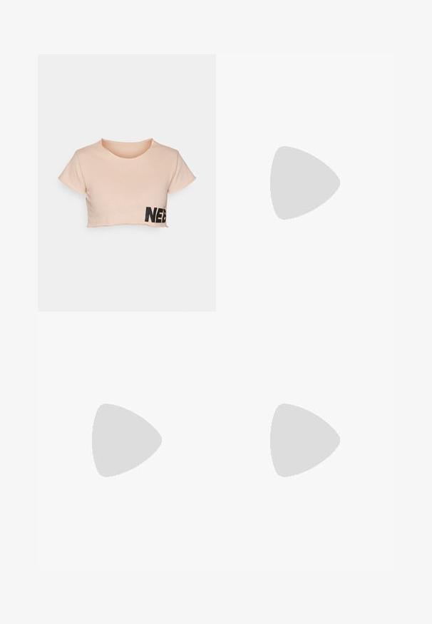 Light pink cropped t-shirt made of soft cotton. Features short sleeves and a black "NEB" print on the lower left side. Rounded neckline.; Black athletic pants with a smooth texture, wide elastic waistband, and a fitted design, tapering slightly towards the ankle.; Pink athletic shoes with a smooth upper, white sole, green accent, and perforated detailing. Features a cushioned heel and lace-up design.; Fitness gloves with a light pink and black design, made of breathable material, featuring an adjustable wrist strap and textured grip accents.